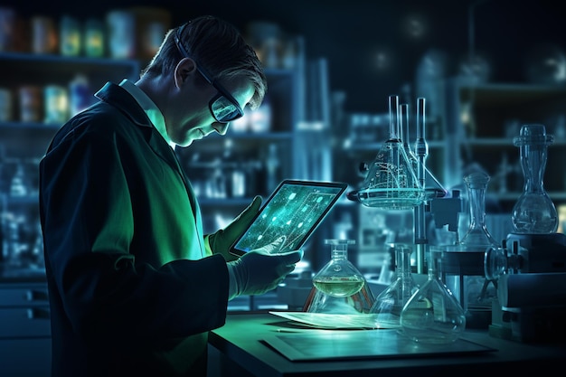 A chemistry lab man with tablet in the laboratory with Generative AI