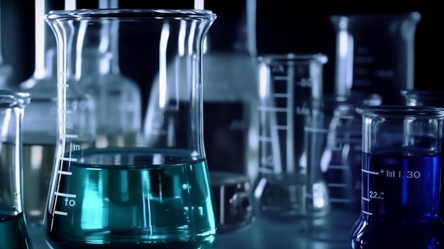 A chemistry lab with beakers and beakers filled with liquid