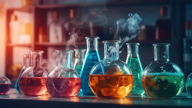 A chemistry lab with beakers filled with colorful liquid