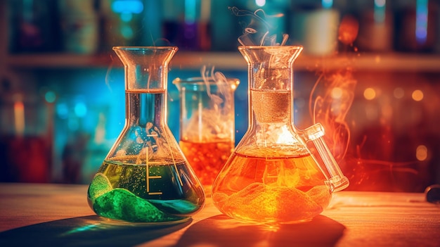 Химическая лаборатория с зеленым и оранжевым стаканом