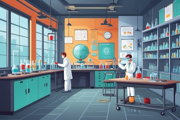 a chemistry lab with safety posters and guidelines prominently displayed on the walls vector illustration in flat style