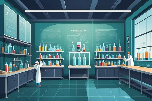 Photo chemistry lab with safety posters vector illustration