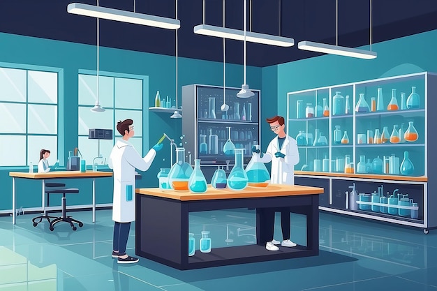 a chemistry lab with students conducting experiments on polymerization and material science vector illustration in flat style