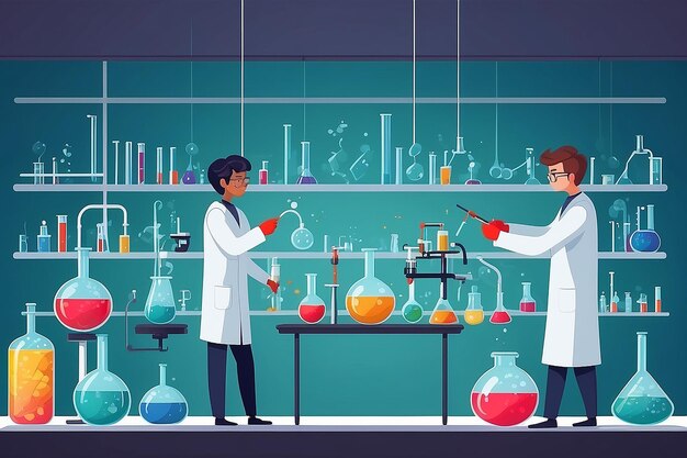 a chemistry lab with students synthesizing new compounds and materials vector illustration in flat style