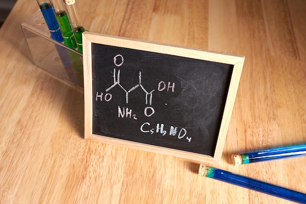 Photo chemistry name flavor enhancer on mini school blackboard