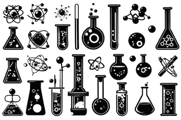 Photo chemistry and science black vector icon set test tubes microscope atom and molecule