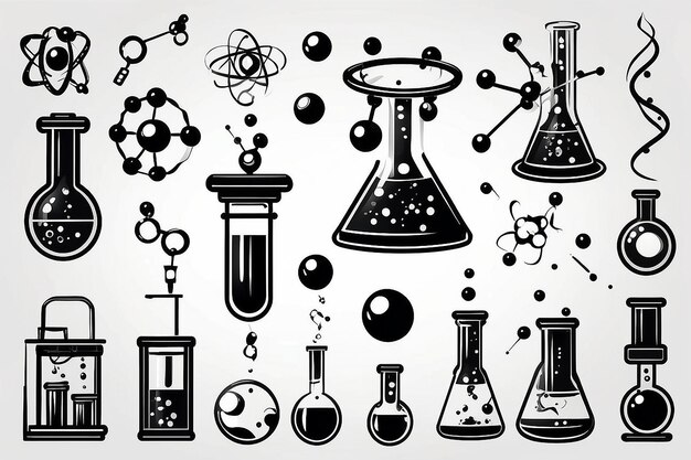Photo chemistry and science black vector icon set test tubes microscope atom and molecule