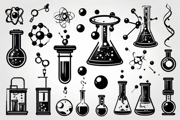 Foto chimica e scienza set di icone vettoriali nere tubi di prova microscopio atomo e molecola