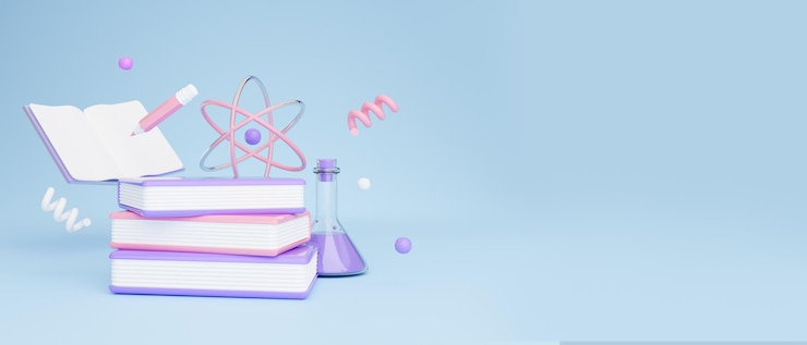 Фотография научный коллаж по химии со стопкой учебных книг на синем фоне