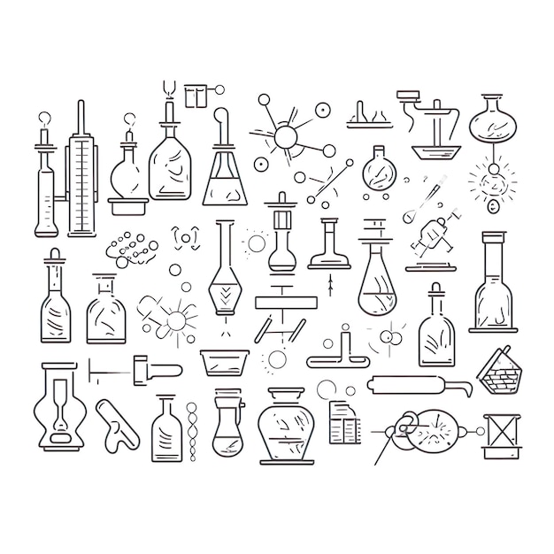 Chemistry symbols icon set Science subject doodle
