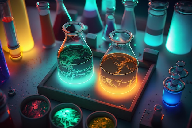 Chemistryfilled beakers Beakers with colorful chemical Generative Ai