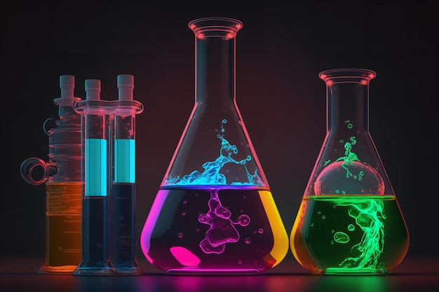화학 물질로 채워진 비커 다채로운 화학 물질이 들어 있는 비커 Generative Ai