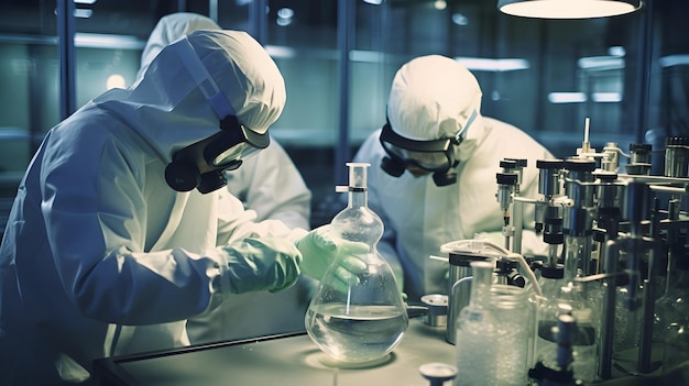 잘 장착 된 실험실 에서 실험 을 수행 하는 화학자 들