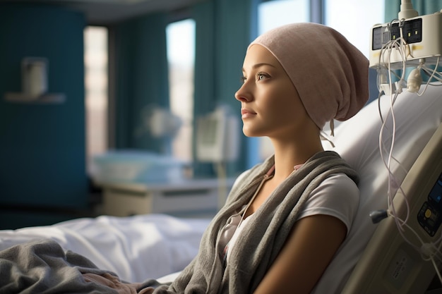 Foto chemo-patiëntportret van een gelukkige kankerpatiënt kankerpatiënt in een rolstoel