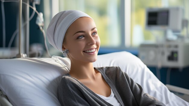 Foto chemo-patiëntportret van een gelukkige kankerpatiënt kankerpatiënt op bed gegenereerde ai