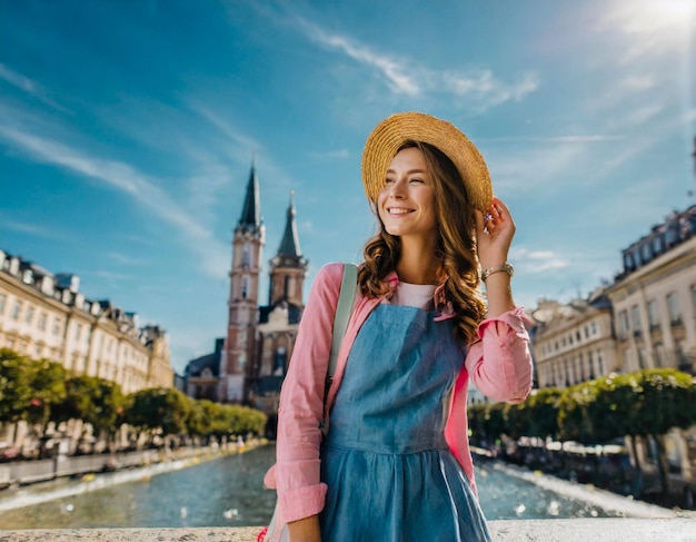 Cherful vrouw Kaukasische tour dag toerisme in het centrum van de stad Europa achtergrond