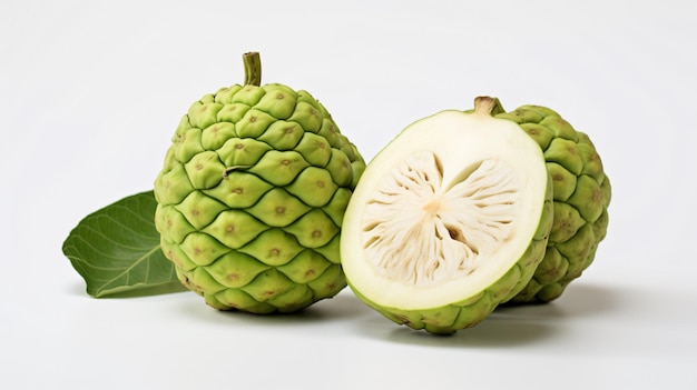 Cherimoya whole and halved against a white background