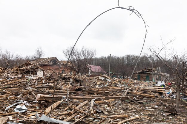 CHERNIHIV REG UKRAINE Apr 18 2022 Russia's war against Ukraine Completely destroyed houses and chaos in the Chernihiv region as a result of the attack of Russian invaders