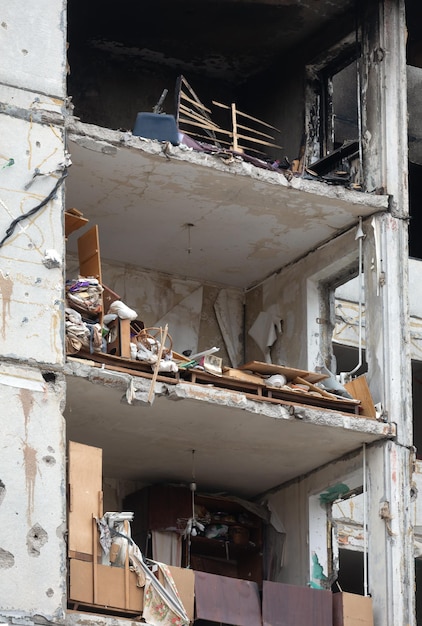 Chernihiv ukraine apr 05 2022 war in ukraine chaos and\
destroyed houses on the streets of chernihiv as a result of the\
attack of russian invaders on a peaceful city