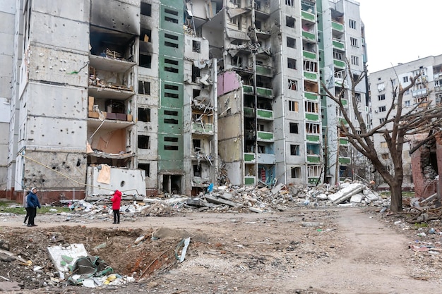 CHERNIHIV UKRAINE Apr 05 2022 War in Ukraine Chaos and destroyed houses on the streets of Chernihiv as a result of the attack of Russian invaders on a peaceful city