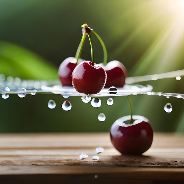 Cherries are on a wet surface with a green background.