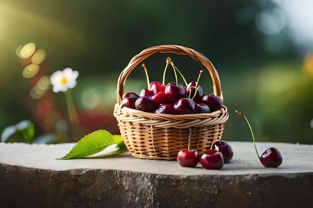 Cherries in a basket on a stone surface with a blurred background.