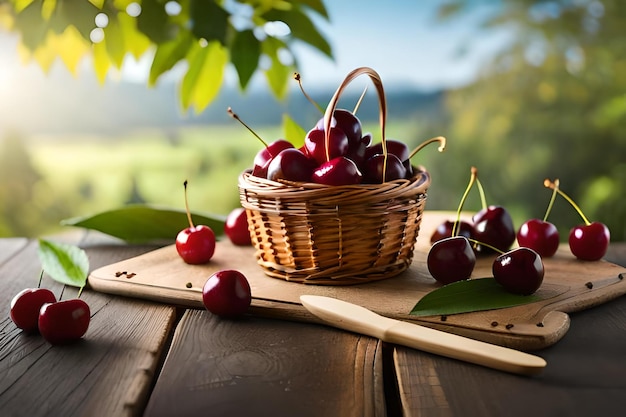 Cherries in a basket on a table