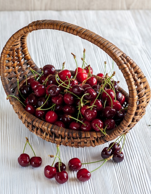 Cherries in a basket on wooden background