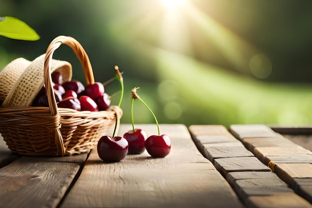 Photo cherries in a basket on a wooden table