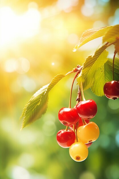 Cherries on a branch with green background