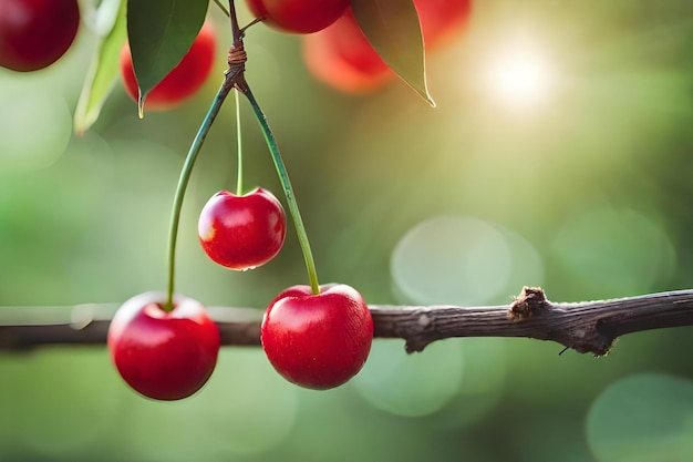 Cherries on a branch with the sun shining through the leaves