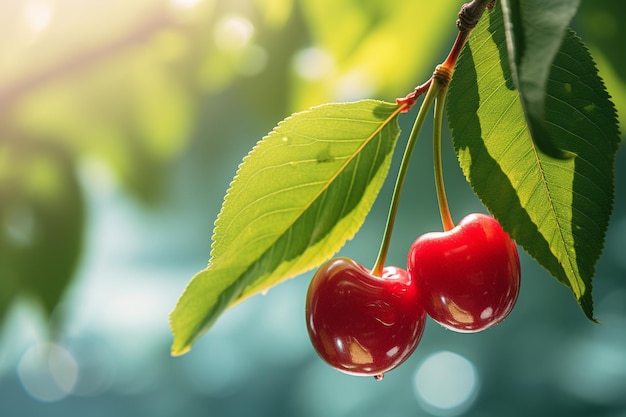 Cherries on a branch with the sun behind them