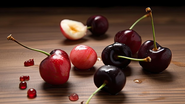 cherries and a cut in half on a wood surface