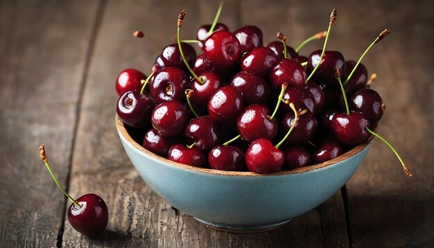 Cherries Fresh sweet cherries Delicious cherries with water drops in retro bowl on old oak table