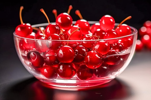 Cherries in a glass bowl on a black reflective surface Generative AI