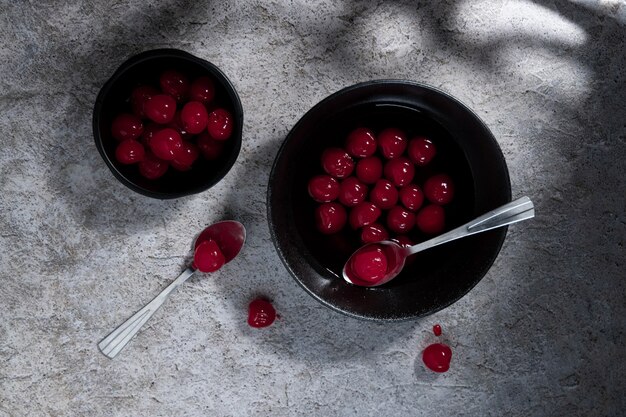 Cherries on a plate with marble bottom