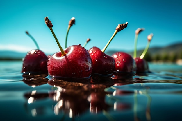 Cherries in a pool of water with a blue sky in the background