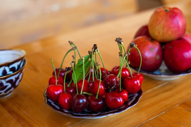 The cherries in the porcelain plate