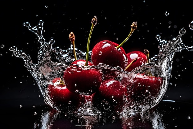 Cherries in a splash of water on a black background Neural network AI generated