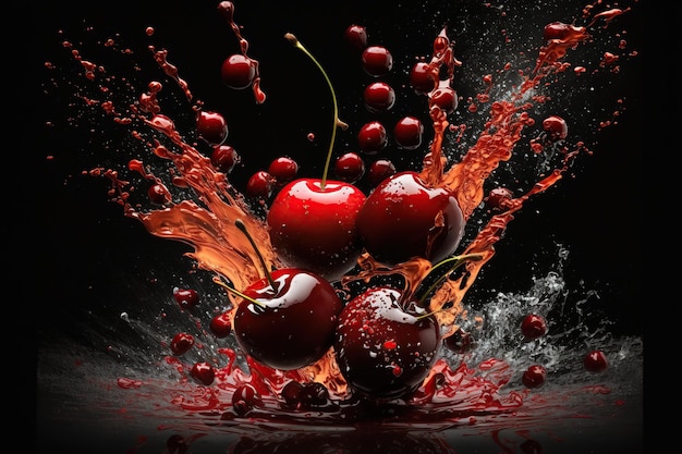 Cherries in a splash of water on a black background