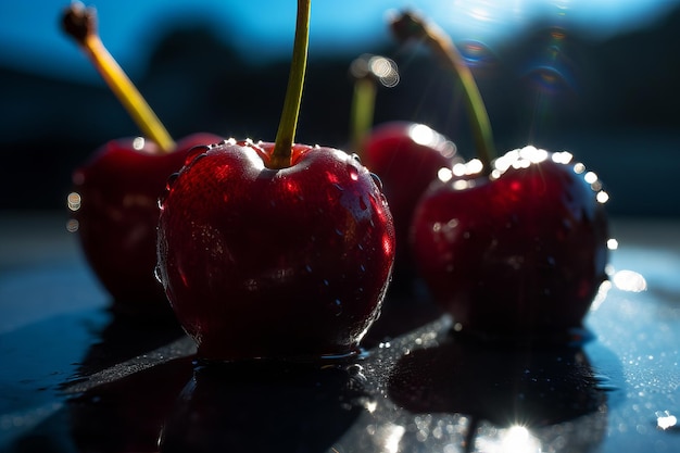 Cherries on a table with a blue sky in the background