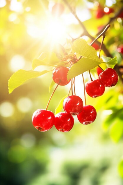 Photo cherries on a tree branch with the sun shining on it