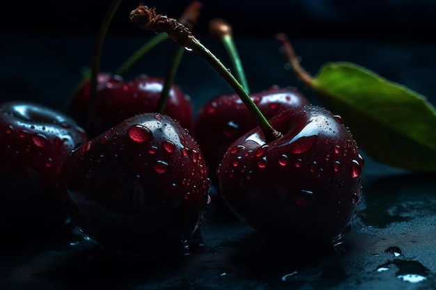 Cherries in water on a black background