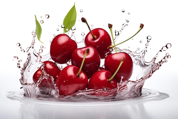 Photo cherries in water splash on white background