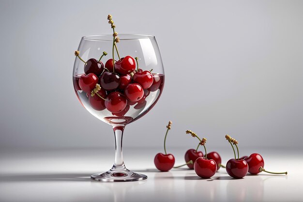 cherries in a wine glass side view on white and grey