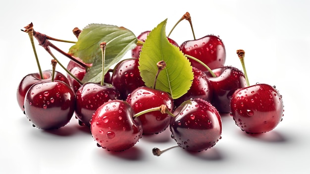 Cherries with green leaves on a white background