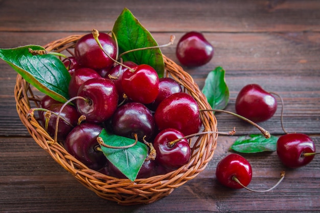 Cherries with leaves in a basket on a wooden background