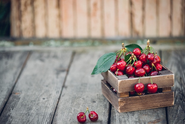 Cherries with leaves in vintage wooden box on rustic wooden table. Copy space.