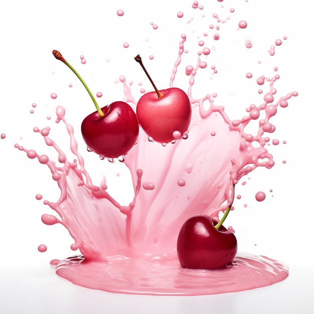 Cherries with pink water splash on isolated white background