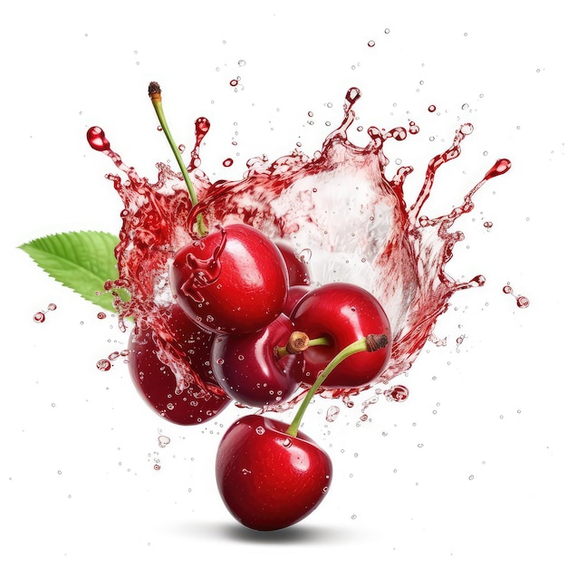 Cherries with a splash of water and a leaf in the air.